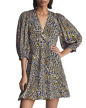 Reiss Daisy Printed Balloon Sleeve Mini Dress In Blue