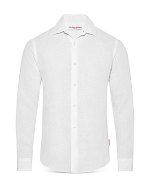 Shop Orlebar Brown Giles Linen Textured Tailored Fit Button Down Shirt In White