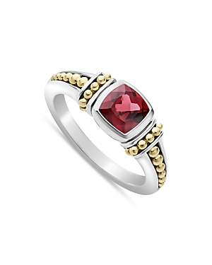Lagos 18K Yellow Gold & Sterling Silver Caviar Color Rhodolite Garnet Solitaire Beaded Ring