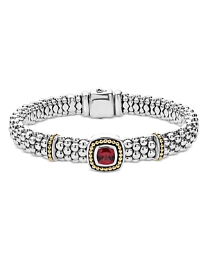 Lagos 18k Yellow Gold & Sterling Silver Caviar Color Rhodolite Garnet Frame Bead Link Bracelet In Red/silver