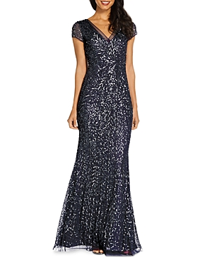 Adrianna Papell Beaded V-neck Mermaid Gown In Midnight