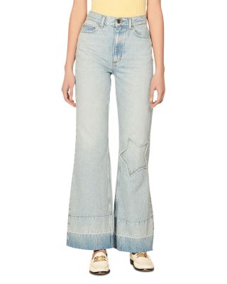 Sandro Stephen Star Patch High Rise Flare Jeans in Sky Blue