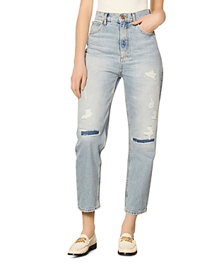 Sandro Guylain High Waist Distressed Straight Leg Jeans In Blue Jean