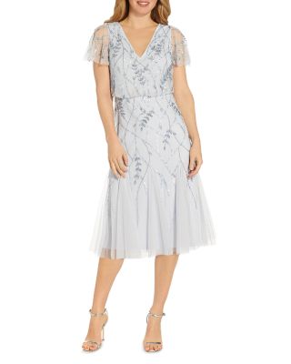 Adrianna Papell Beaded V Neck Cocktail Midi Dress | Bloomingdale's