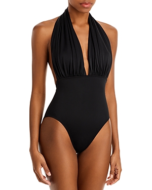 Shop Norma Kamali Halter Low Back One Piece Swimsuit In Black