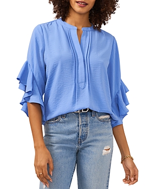 Vince Camuto Split Neck Ruffle Sleeve Blouse In Blue Jay