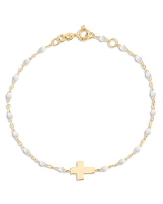 Gigi Clozeau - Resin & 18K Yellow Gold Madone Cross White Bead Bracelet