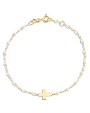 Gigi Clozeau Resin & 18k Yellow Gold Madone Cross White Bead Bracelet In White/gold