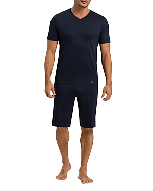 Shop Hanro Night Selection Mercerized Cotton V Neck Pajama Tee & Pajama Shorts Set In Deep Navy