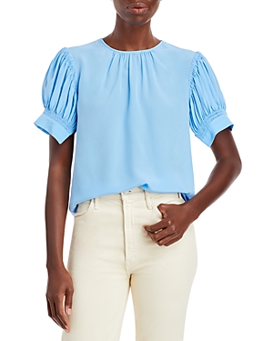 REBECCA TAYLOR PLEATED PUFF SLEEVE SILK TOP