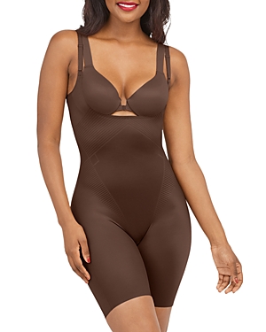 Shop Spanx Thinstincts 2.0 Open Bust Mid Thigh Bodysuit In Chestnut Brown