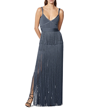 Herve Leger Strappy Ottoman Fringe Gown In Charcoal
