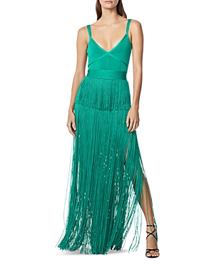 Herve Leger Strappy Ottoman Fringe Gown In Jade