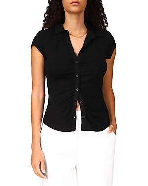 Sanctuary Dream Shirred Placket Knit Button-up Shirt In Black