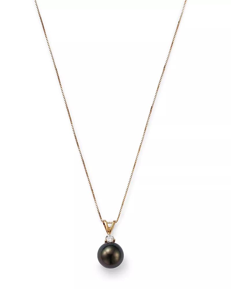 Bloomingdale's Fine Collection Tahitian Black Cultured Pearl & Diamond Pendant Necklace in 14K Yellow Gold, 18