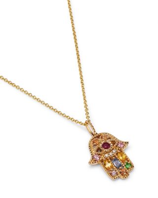 Rainbow Gemstone & Diamond Hamsa Pendant Necklace in 14K Yellow Gold, 18" 