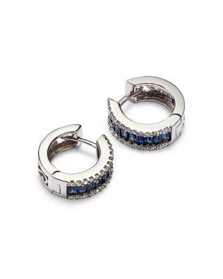 Blue Sapphire and Diamond Hoop Earrings in 14K White Gold  