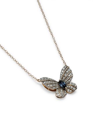 Diamond and Blue Sapphire Butterfly Pendant Necklace in 14K Yellow Gold, 17" 