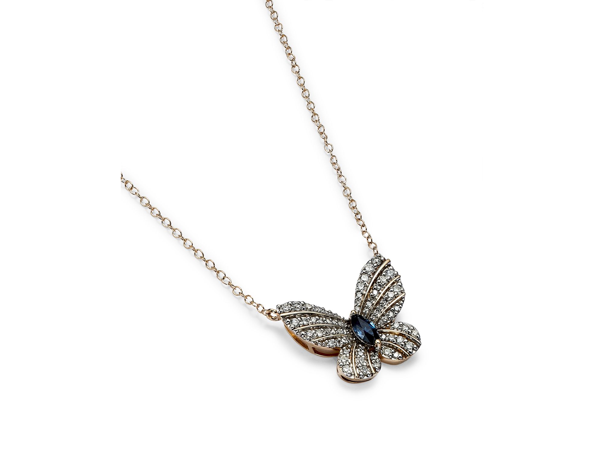 Diamond and Blue Sapphire Butterfly Pendant Necklace in 14K Yellow Gold, 17" — Image 5