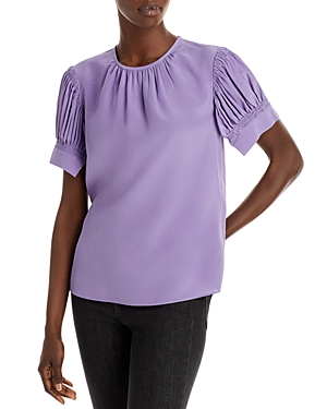 REBECCA TAYLOR PLEATED PUFF SLEEVE SILK TOP
