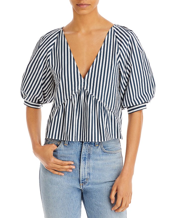 Rosie Stripe Ruffled V Neck Cap Puff Sleeve Top