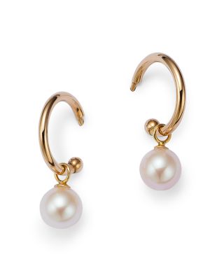 Cultured Freshwater Pearl Huggie Hoop Earrings in 14K Yellow Gold, 6mm 