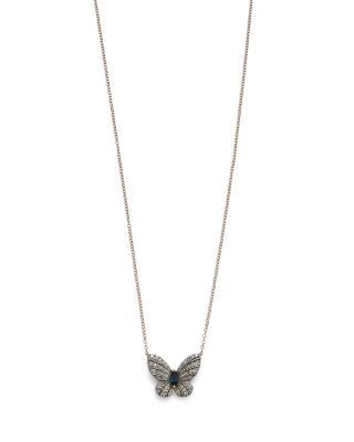 Diamond and Blue Sapphire Butterfly Pendant Necklace in 14K Yellow Gold, 17" 