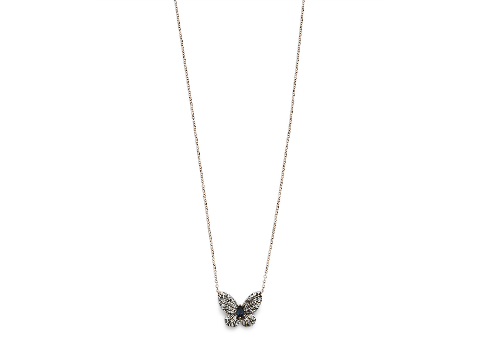 Diamond and Blue Sapphire Butterfly Pendant Necklace in 14K Yellow Gold, 17" — Image 4