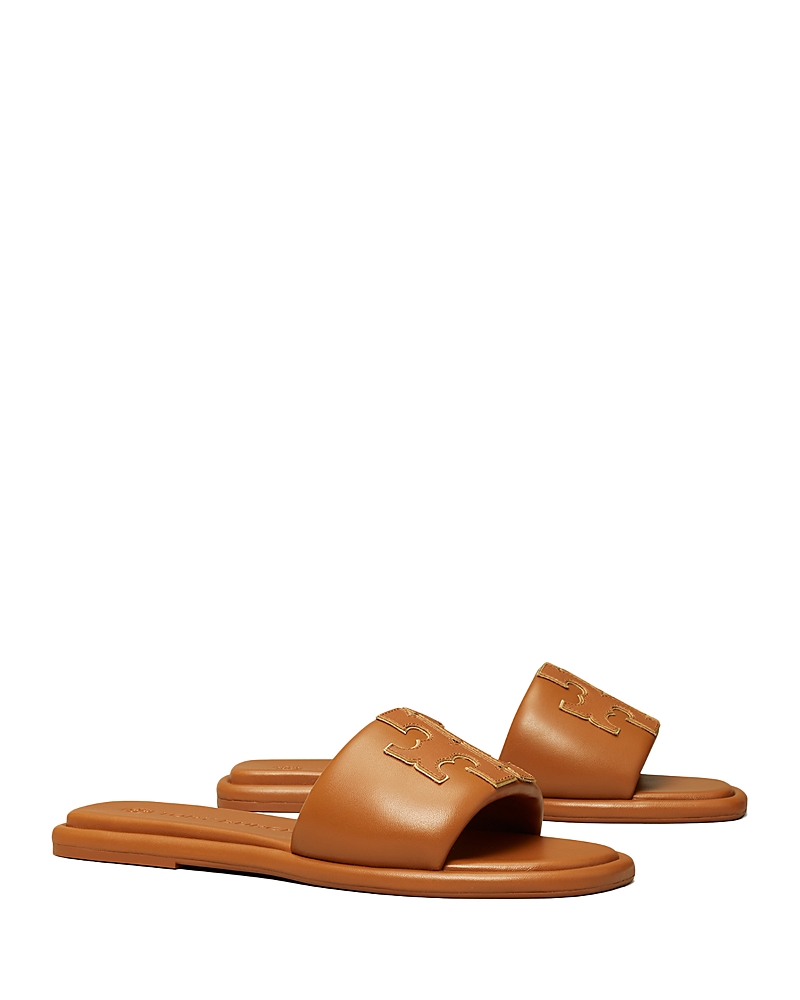 Tory Burch Double T Leather Medallion Slide Sandals In Bourbon Miele