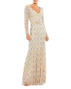 Mac Duggal Beaded Geometric Silver Sparkle Dress In Nude In Nude