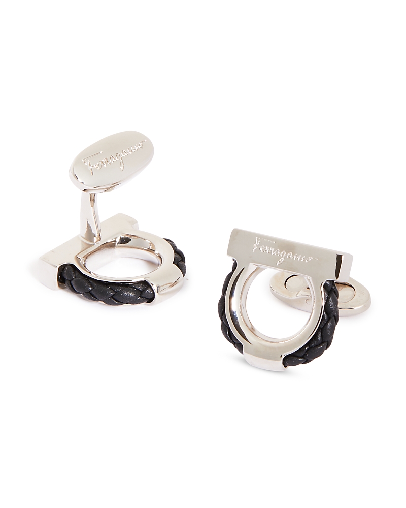 Ferragamo Gancini Leather Rope Cufflinks In Silver