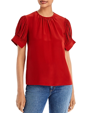 Rebecca Taylor Pleated Puff Sleeve Silk Top In Red Clay