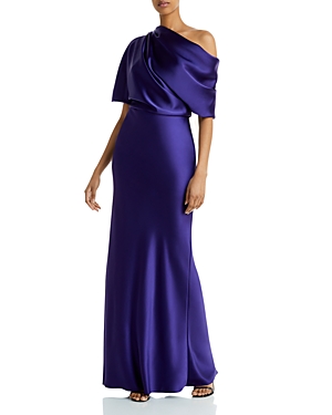 AMSALE DRAPED SATIN ONE SHOULDER DRESS