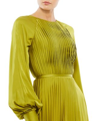  Pleated High Neck Raglan Long Sleeve Side Slit Gown