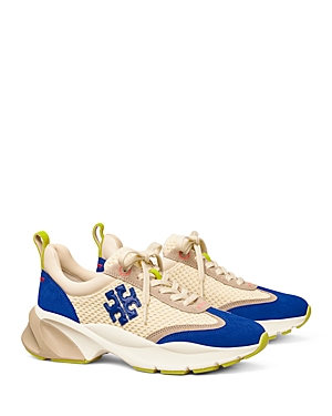 Tory Burch Women's Good Luck Double T Tan & Blue Trainer Sneakers In New Cream