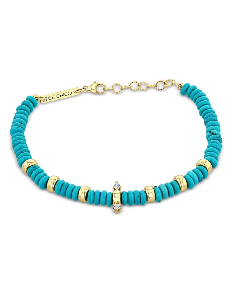 Zoë Chicco 14k Gold & Turquoise Rondelle Bead Bracelet With 2 Prong Diamonds In Blue/gold