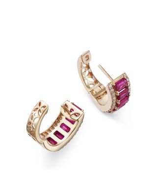 Ruby & Diamond Huggie Hoop Earrings in 14K Yellow Gold 