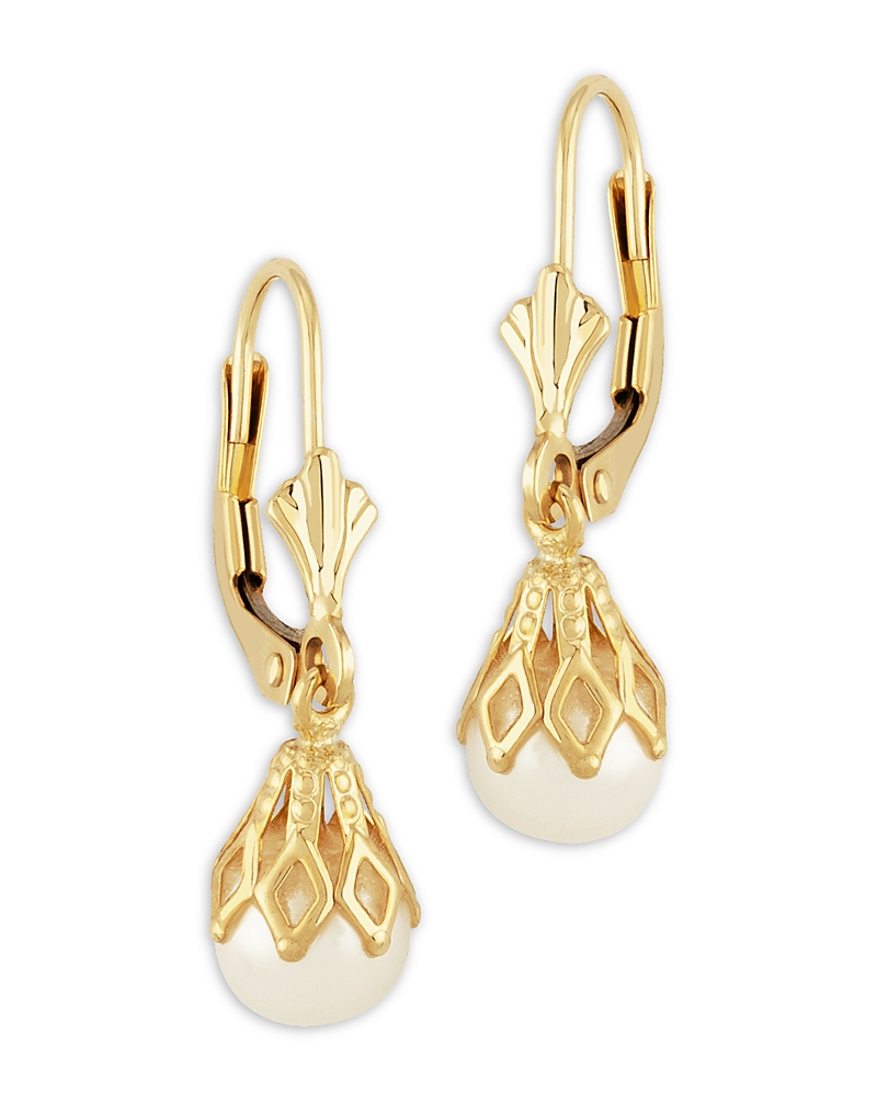 Bloomingdale's Cultured Freshwater Pearl Bell Cap Leverback Drop Earrings In 14k Yellow Gold - Exclusive In White/gold