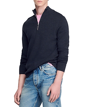 Sandro Wool Sweater With Zipped Collar In Heather Charcoal