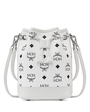 Mcm Medium Dessau Visetos Coated Canvas Drawstring Bag In White