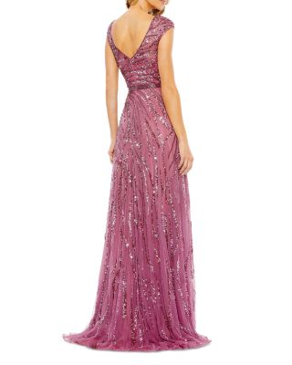 Sequined Cap Sleeve Boat Neck Gown