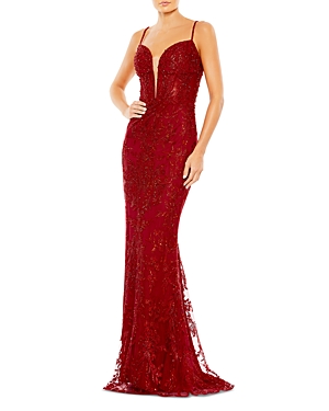 Mac Duggal Beaded Column Gown In Red