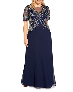 Adrianna Papell Plus Embellished Mesh Chiffon Gown In Light Navy