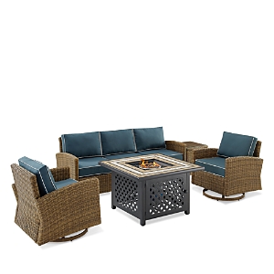 Sparrow & Wren Bradenton 5 Piece Outdoor Wicker Swivel Rocker & Sofa Set With Fire Table In Navy