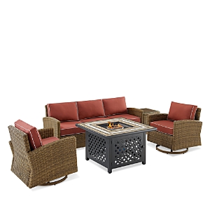Sparrow & Wren Bradenton 5 Piece Outdoor Wicker Swivel Rocker & Sofa Set With Fire Table In Red