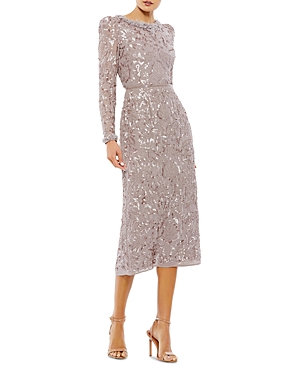 Mac Duggal Embellished High Neck Puff Sleeve Midi Dress In Mauve