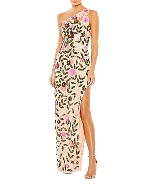 Mac Duggal Floral Sequined One Shoulder Column Gown In Nude Multi