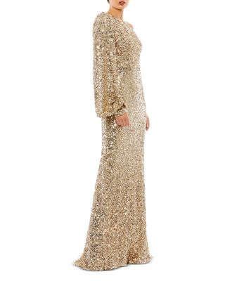 Sequined One Shoulder Bishop Sleeve Trumpet Gown