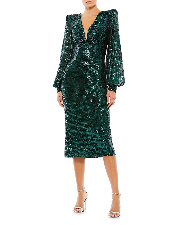 Mac Duggal Long Sleeve Sequined Midi Dress | Bloomingdale's