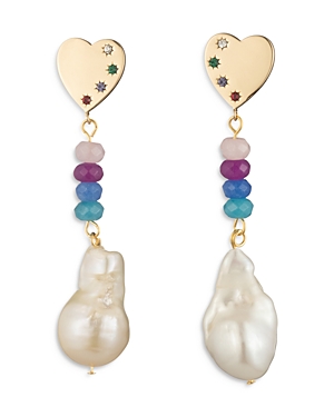 Dannijo Dion Pave Heart, Gemstone Bead & Cultured Freshwater Pearl Linear Drop Earrings in Gold Tone
